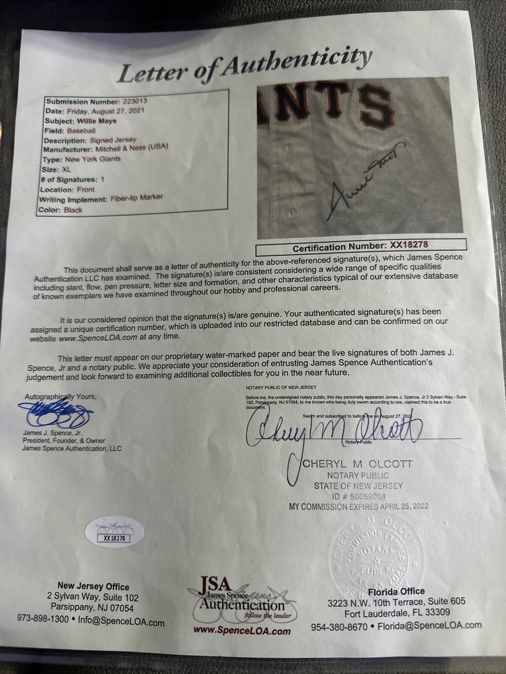 Willie Mays Boldly Signed Mitchell & Ness 1951 Giants Jersey JSA
