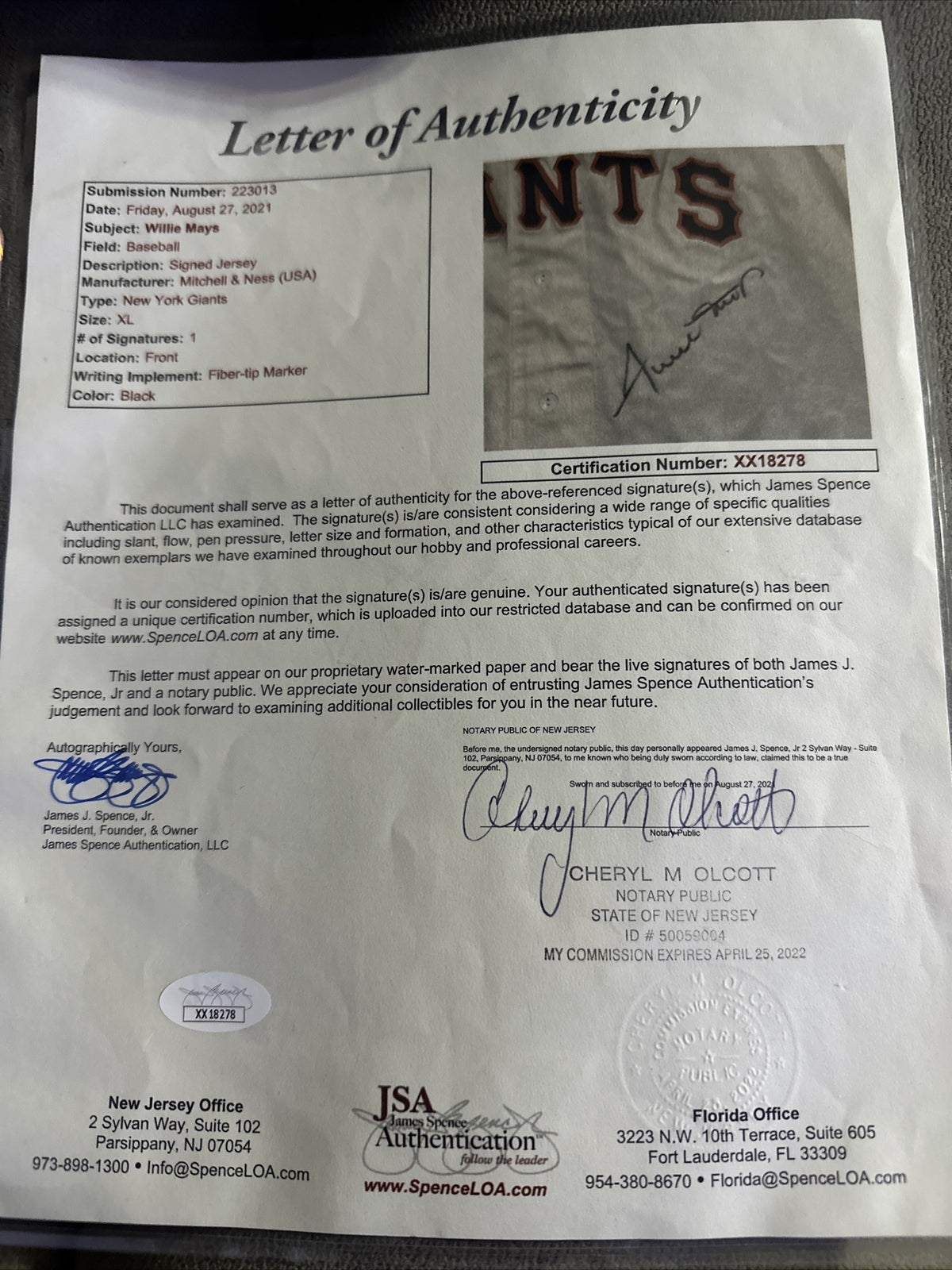 Willie Mays Boldly Signed Mitchell & Ness 1951 Giants Jersey JSA